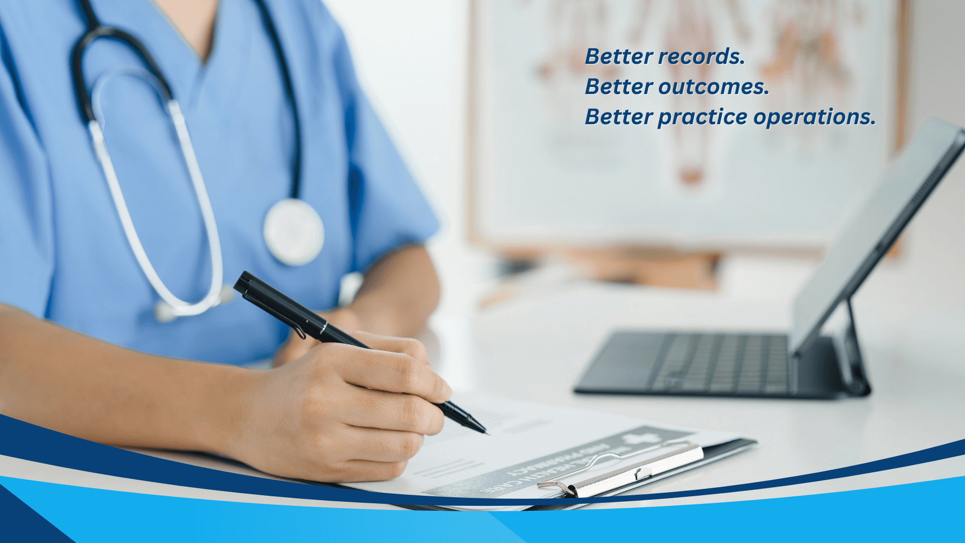A healthcare professional in blue scrubs writes on a medical chart at a desk. A tablet or laptop is in the background, and a poster of a skeleton is visible.