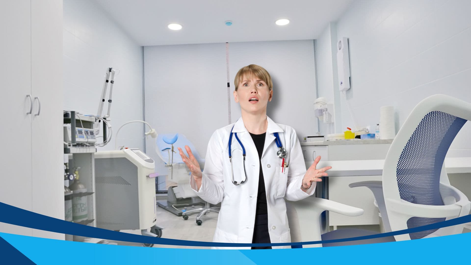 A female doctor in a white coat stands in a clinical room with medical equipment, expressing surprise or concern. She wears a stethoscope and raises her hands. The room is bright and sterile, with a chair, monitors, and storage units.